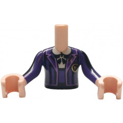 Torso Mini Doll Girl Dark Purple Striped School Uniform Jacket with Gold Letter N Logo Badge over White Shirt with Black Bow Tie Pattern, Light Nougat Arms with Hands with Black and Dark Purple Long Sleeves: {светло нуга}