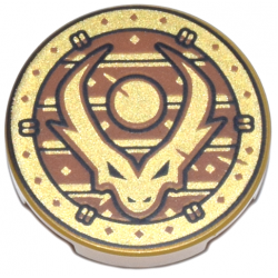 Tile, Round 2 x 2 with Bottom Stud Holder with Dragon Head with Horns and Black Outline on Dark Orange Stripes in Circle Pattern: {топло златист}