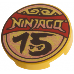 Tile, Round 2 x 2 with Bottom Stud Holder with 'NINJAGO 15', Red Banner, Copper Trim Pattern: {топло златист}