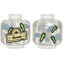 Minifigure, Head without Face with Tan Label with Black Script Writing and Lime Insects with Silver and Metallic Light Blue Wings Pattern: {прозрачен}