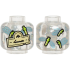 Minifigure, Head without Face with Tan Label with Black Script Writing and Lime Insects with Silver and Metallic Light Blue Wings Pattern: {прозрачен}