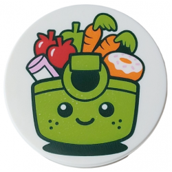 Tile, Round 3 x 3 with Lime Shopping Basket with Black Eyes, Mouth and Freckles, Apple, Bright Pink Bottle, Red Strawberries, Orange Carrots and Donut with White Frosting Pattern: {бял}
