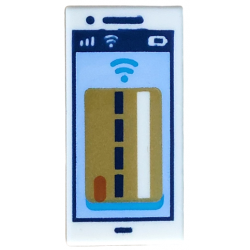 Tile 1 x 2 with Cell Phone / Smartphone with Gold Debit / Credit Card on Bright Light Blue Background, Signal Strength, WiFi, Battery Level and Dark Blue Outline, Blue Contactless Payment Symbol Pattern: {бял}