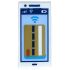 Tile 1 x 2 with Cell Phone / Smartphone with Gold Debit / Credit Card on Bright Light Blue Background, Signal Strength, WiFi, Battery Level and Dark Blue Outline, Blue Contactless Payment Symbol Pattern: {бял}