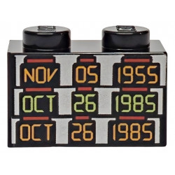 Brick 1 x 2 with Orange and Yellowish Green 'NOV 05 1955', 'OCT 26 1985' and 'OCT 26 1985' on Silver Background Pattern: {черен}