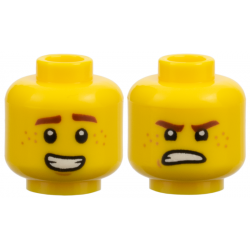 Minifigure, Head Dual Sided Reddish Brown Eyebrows and Freckles, Open Smile / Scowl Pattern (Jay): {ярко жълт}