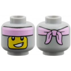 Minifigure, Head Balaclava, Bright Pink Headband, Yellow Face with Lopsided Smile with Teeth Pattern: {умерено каменно сив}