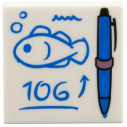 Tile 2 x 2 with Blue Pen with Metallic Pink Ring, Written Fish, Arrow, and '106' Pattern: {бял}