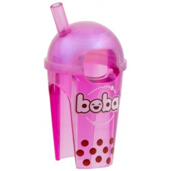 Minifigure, Headgear Head Cover, Costume Drink with Molded Satin Trans-Pink Dome Lid, Printed White 'boba' Logo, Dark Red Spots Pattern: {прозрачен умерено червеникаво виолетов}