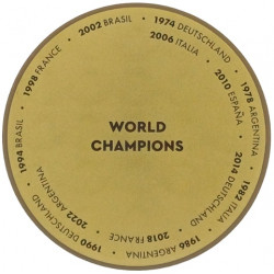 Tile, Round 6 x 6 with Plaque with Dark Brown 'WORLD CHAMPIONS' and World Cup Winners with Years on Gold Circle Pattern: {пясъчно жълт}