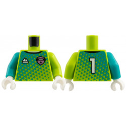 Torso Jersey, Dark Turquoise Triangles, Metallic Pink Badge, White Sports Mountain Logo and 1 on Back Pattern / Lime Arm Left / Dark Turquoise Arm Right / White Hands: {ярко жълто-зелен}