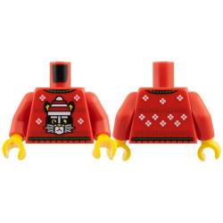Torso Knit Fair Isle Holiday Sweater, Green Collar and Stripes, Black Cat with Christmas Stocking Cap, White Snowflakes Pattern / Red Arms / Yellow Hands: {ярко червен}