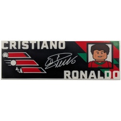 Tile 2 x 6 with White 'CRISTIANO RONALDO' and Signature, Dark Brown, Red and Green Portrait and Portuguese Flag Colors on Black Background Pattern: {бял}