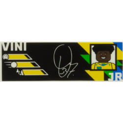Tile 2 x 6 with White 'VINI JR.' and Signature, Blue, Bright Green and Yellow Portrait and Brazilian Flag Colors on Black Background Pattern: {бял}