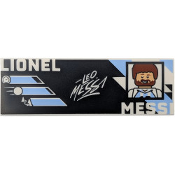 Tile 2 x 6 with White 'LIONEL MESSI' and Signature, Reddish Brown and Bright Light Blue Portrait and Argentine Flag Colors on Black Background Pattern: {бял}
