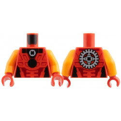 Torso Black Collar, Circle, X in Light Bluish Gray Circle, Dark Red Panel Lines, Gear on Back Pattern / Orange Arms / Red Hands: {ярко червен}