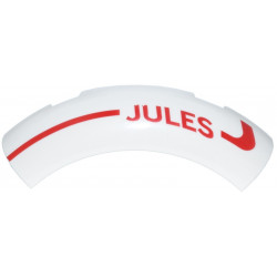 Brick, Round Corner 4 x 4 without Studs with Red Curved Line and 'JULES' Pattern Model Right Side: {бял}