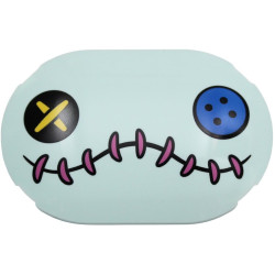 Brick, Round 4 x 6 x 2/3 Oval with Curved Top with Black, Blue and Yellow Eyes and Mouth with Dark Pink Stitching Pattern (Scrump Face): {аквамарин}