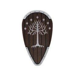 Minifigure, Shield Oval with Silver Stars and Tree (White Tree of Gondor) on Dark Brown Wooden Background Pattern: {умерено каменно сив}