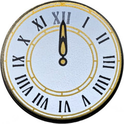 Tile, Round 2 x 2 with Bottom Stud Holder with White Clock Face with Gold Hand and Circles, Black Roman Numerals Pattern: {черен}