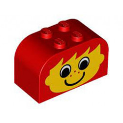 Slope, Curved 4 x 2 x 2 Double with Four Studs with Yellow Face, Freckles and Ears Pattern: {ярко червен}