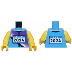 Dark Azure Torso Jersey with Dark Purple, Dark Pink, Black and White Diagonal Stripes, Blue Race 'BIB' and '2024' Pattern / Yellow Arms / Yellow Hands: {тъмно небесносин}