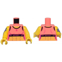 Coral Torso Female Crop Top, Black Trim, Magenta 'SPORT' over Yellow Bare Skin with Muscles Pattern / Yellow Arm Left / Yellow Arm Right with Flower Tattoo Pattern / Yellow Hands: {пъстро коралов}