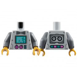 Torso Robot with Dark Bluish Gray Rivets, Dark Turquoise Screen and Buttons, Dark Pink Dials, Black Tape Reels on Back Pattern / Dark Bluish Gray Arms with Gold Circles, Black Rivets and Lines with Arcs Pattern / Pearl Gold Hands: {умерено каменно сив}