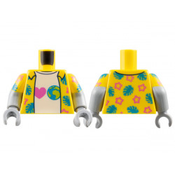 Torso Hawaiian Shirt Open with Dark Azure Leaves and Dark Pink Stars over White T-Shirt with Heart and Earth Pattern / Light Bluish Gray Arms with Molded Yellow Short Sleeves and Printed Dark Azure Leaves and Dark Pink Stars Pattern / Light Bluish Gray Ha: {ярко жълт}