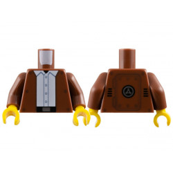 Torso Jacket Open with Dark Brown Rivets over White Shirt with Buttons, Black Belt with Silver Buckle, Hinged Panel on Back Pattern / Reddish Brown Arms / Yellow Hands: {червеникаво-кафяв}