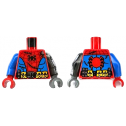 Torso Spider-Man Costume, Dark Red Webbing, Black Spider and Stitches, Blue Panels, Utility Belt with Buckle, Pouches and Grenades Pattern / Pearl Dark Gray Arm Left with Armor and Grenades Pattern / Blue Arm Right / Dark Bluish Gray Hand Left / Red Hand : {ярко червен}