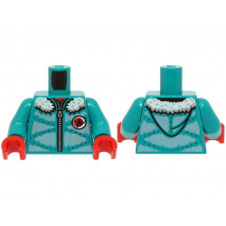 Torso Winter Jacket Padded with Hood, Metallic Light Blue Panels, Zipper and White Fur Lining Pattern (BAM) / Dark Turquoise Arms / Red Hands: {ярко синьо-зелен}
