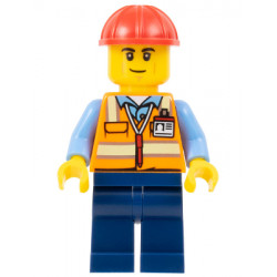 Construction Worker - Male, Orange Safety Vest with Reflective Stripes, Dark Blue Legs, Red Construction Helmet, Smirk – БРИКЛИНК ДЕЗАЙНЕРСКА ПРОГРАМА