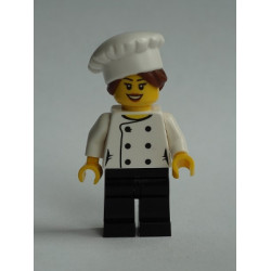 Chef - Black Legs, Open Mouth Smile, Hair in Bun, 'LEGO HOUSE Home of the Brick' on Back, Female – ГРАДСКИ