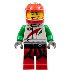 Race Car Driver, White Octan Racing Suit with Octan Logo, Black Leg Straps with Carabiner – КОЛЕКЦИОНЕРСКИ МИНИФИГУРКИ