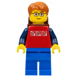Red Shirt with 3 Silver Logos, Dark Blue Arms, Blue Legs, Dark Orange Short Tousled Hair, Brown Eyebrows, Backpack – ГРАДСКИ