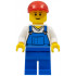Overalls Blue over V-Neck Shirt, Blue Legs, Red Short Bill Cap – ГРАДСКИ