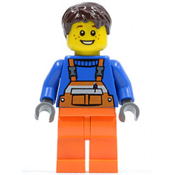 Overalls with Safety Stripe Orange, Orange Legs, Dark Brown Tousled Hair, Open Grin and Freckles – ГРАДСКИ