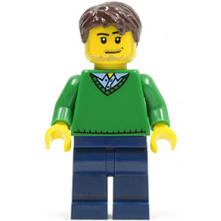 Green V-Neck Sweater, Dark Blue Legs, Dark Brown Short Tousled Hair, Smirk and Stubble Beard – ГРАДСКИ