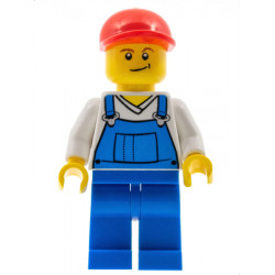 Overalls Blue over V-Neck Shirt, Blue Legs, Red Short Bill Cap, Crooked Smile – ГРАДСКИ