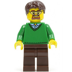 Green V-Neck Sweater, Dark Brown Legs, Dark Brown Short Tousled Hair, Safety Goggles – ГРАДСКИ