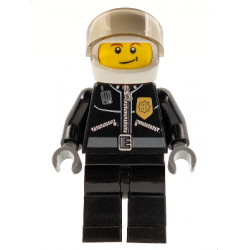 Police - City Leather Jacket with Gold Badge and 'POLICE' on Back, White Helmet, Trans-Brown Visor, Crooked Smile – ГРАДСКИ