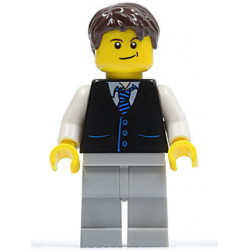 Black Vest with Blue Striped Tie, Light Bluish Gray Legs, White Arms, Dark Brown Short Tousled Hair, Crooked Smile – ГРАДСКИ
