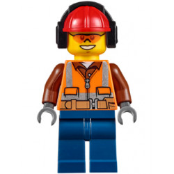 Construction Worker - Male, Orange Safety Vest, Reflective Stripes, Reddish Brown Shirt, Dark Blue Legs, Red Construction Helmet with Black Ear Protectors / Headphones, Safety Glasses – ГРАДСКИ