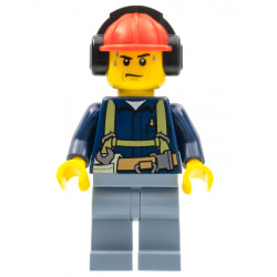 Construction Worker - Male, Shirt with Harness and Wrench, Sand Blue Legs, Red Construction Helmet with Black Ear Protectors / Headphones, Sweat Drops – ГРАДСКИ