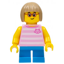 Child - Girl, Bright Pink Striped Shirt with Cat Head, Dark Azure Short Legs, Dark Tan Bob Cut Hair, Glasses, Freckles – ГРАДСКИ