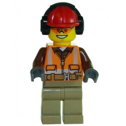 Construction Worker - Male, Orange Safety Vest, Reflective Stripes, Reddish Brown Shirt, Dark Tan Legs, Red Construction Helmet with Black Ear Protectors / Headphones, Safety Glasses – ГРАДСКИ