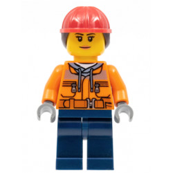 Construction Worker - Female, Orange Safety Jacket, Reflective Stripe, Sand Blue Hoodie, Dark Blue Legs, Red Construction Helmet with Dark Brown Ponytail Hair, Peach Lips – ГРАДСКИ
