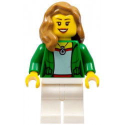 Airplane Passenger - Female, Green Jacket Open with Necklace, White Legs, Medium Nougat Hair over Shoulder, Open Mouth Smile with Teeth – ГРАДСКИ