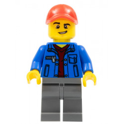 Truck Driver - Blue Jacket over Dark Red V-Neck Sweater, Dark Bluish Gray Legs, Red Cap with Hole, Lopsided Grin – ГРАДСКИ